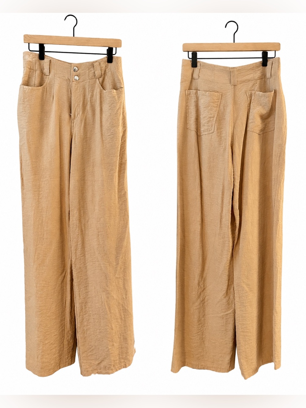 DKNY Wide Leg Crinkle Pants in Sandalwood Beige